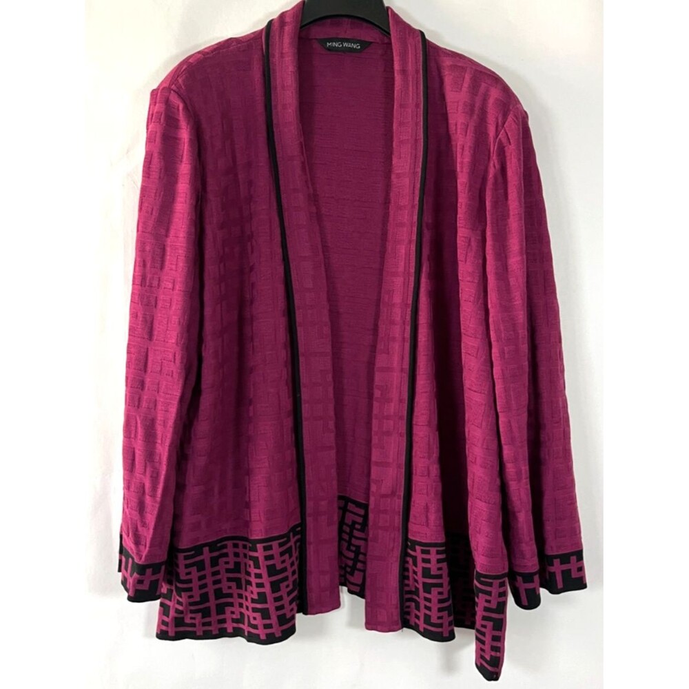Ming Wang Cardigan Size 2X Mulberry Purple Black Funky Artsy Abstract Colorful‎